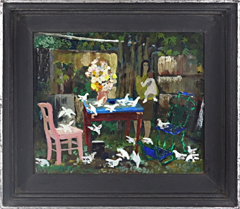 Hinterglasbild Tauben in meinem Garten 1965